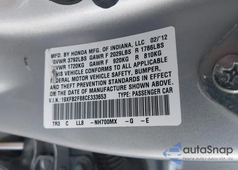 2012 Honda Civic Ex z USA, uszkodzony, nr VIN 19XFB2F88CE333653